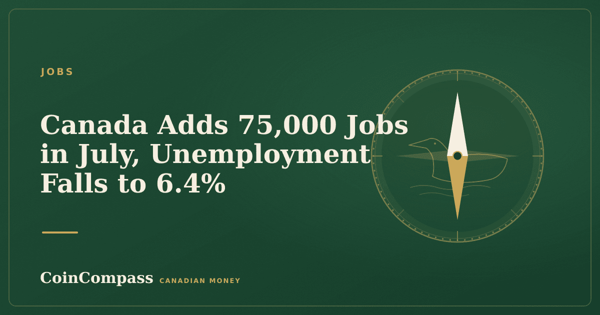 Canada Adds 75,000 Jobs in July, Unemployment Falls to 6.4% — Jobs · CoinCompass